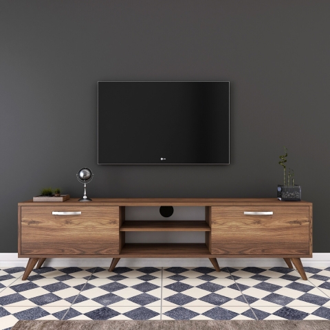 Mobiele TV-kast met 2 klepdeuren en 2 houten planken in walnootkleur Aanbieding