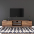 Mobiele TV-kast met 2 klepdeuren en 2 houten planken in walnootkleur Aanbieding