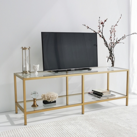 Moderne mobiele tv-meubel van metaal en glas 130cm Goldy Aanbieding