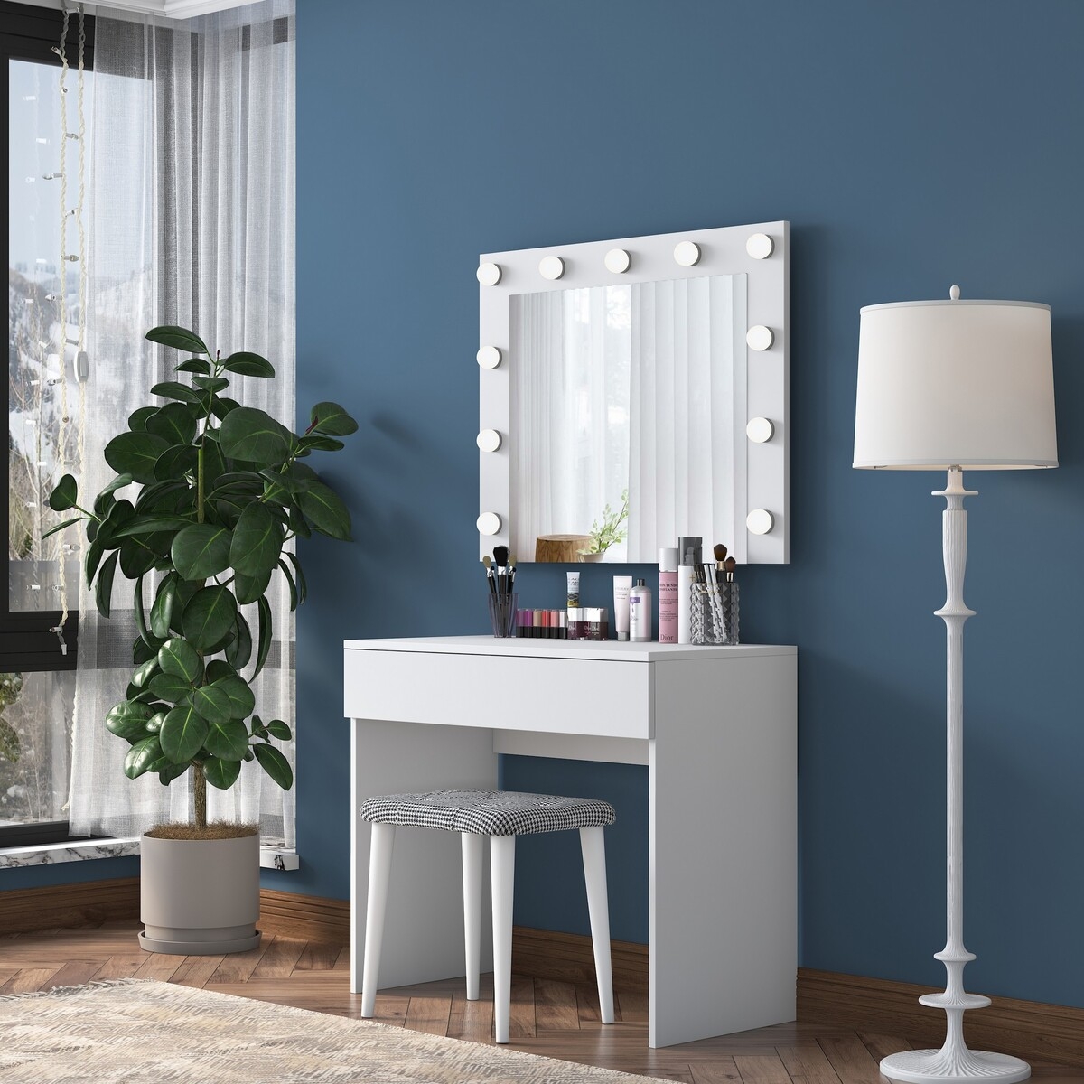 Mobiele make-upstation met lade, LED-spiegel en krukje Tabs Aanbieding Mobiele make-upstation met lade, LED-spiegel en krukje Tabs Aanbieding