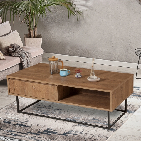 Moderne salontafel met open vak en lade in hout Dale Aanbieding