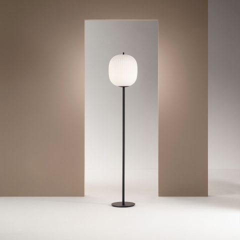 Zwarte metalen vloerlamp met geblazen glazen lampenkap Domizia-A Aanbieding