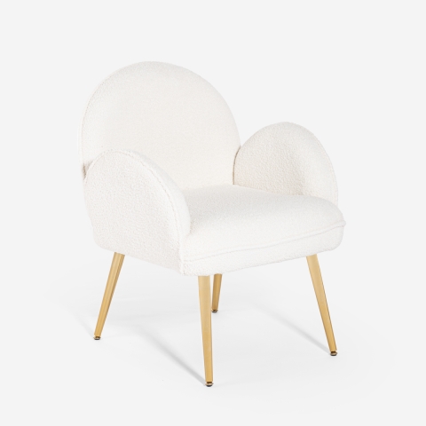 Fauteuil in witte bouclé stof en goudkleurig metaal Vivi Aanbieding