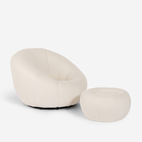 Design set met witte bouclé fauteuil en voetsteun poef Kuma Aanbieding