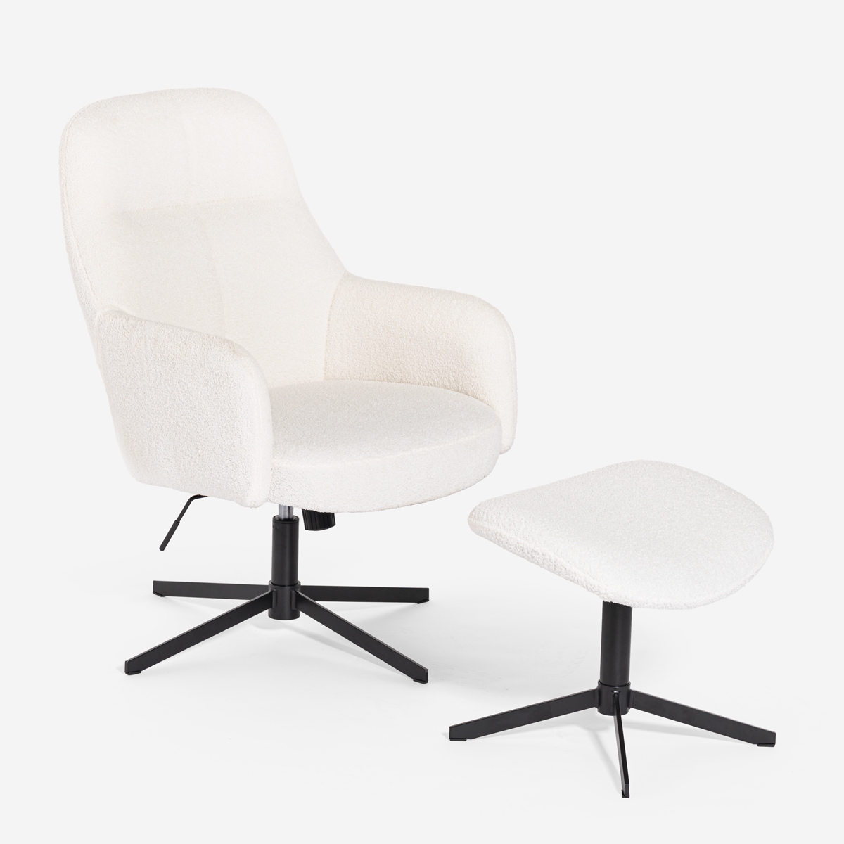 Fauteuil met voetenbank in witte bouclé stof Shiro Aanbieding Fauteuil met voetenbank in witte bouclé stof Shiro Aanbieding