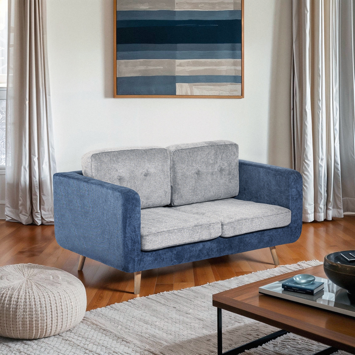 2-zits bank in tweekleurige grijze en blauwe stof met omkeerbare kussens Biko Aanbieding 2-zits bank in tweekleurige grijze en blauwe stof met omkeerbare kussens Biko Aanbieding