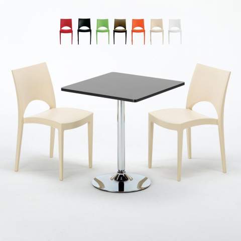 Vierkante salontafel zwart 70x70 cm met stalen onderstel en 2 gekleurde stoelen Paris Mojito
