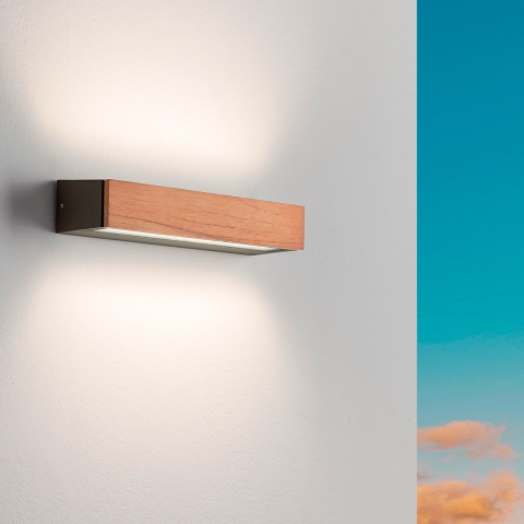 LED wandlamp voor buiten in teak hout en glas Hazel Aanbieding