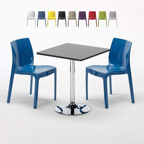Vierkante salontafel zwart 70x70 cm met stalen onderstel en 2 gekleurde stoelen Ice Mojito Aanbieding