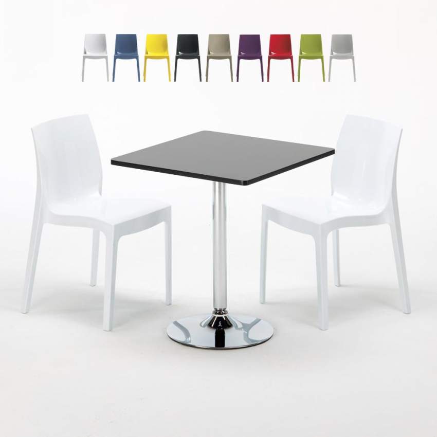 Vierkante salontafel zwart 70x70 cm met stalen onderstel en 2 gekleurde stoelen Ice Mojito Verkoop Vierkante salontafel zwart 70x70 cm met stalen onderstel en 2 gekleurde stoelen Ice Mojito Verkoop