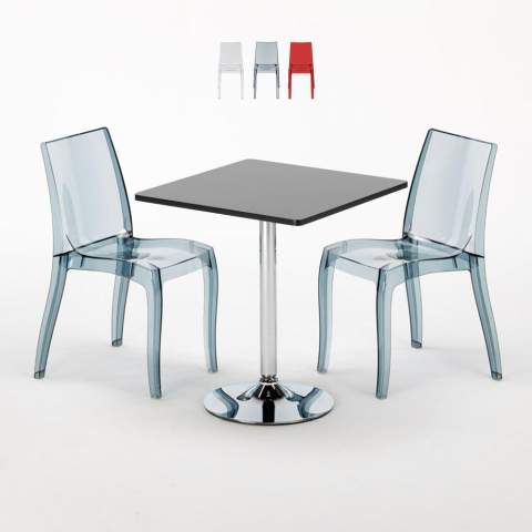 Vierkante salontafel zwart 70x70 cm met stalen onderstel en 2 transparante stoelen Cristal Light Platinum Aanbieding
