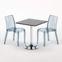Vierkante salontafel zwart 70x70 cm met stalen onderstel en 2 transparante stoelen Cristal Light Platinum Kortingen