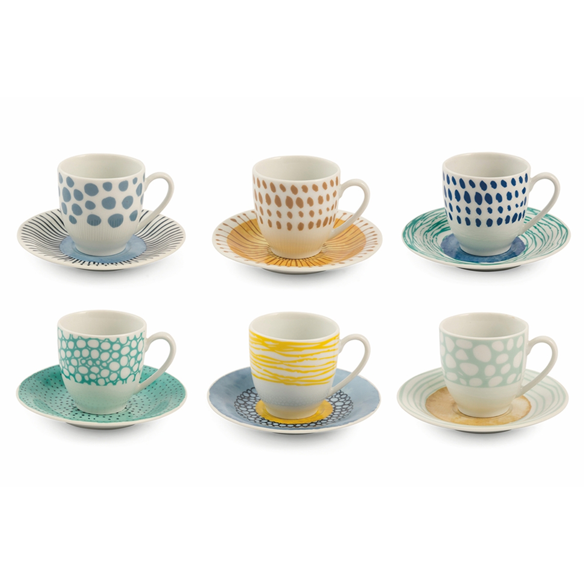 Set van 6 porseleinen espressokopjes met schoteltje 90ml Marea C Aanbieding Set van 6 porseleinen espressokopjes met schoteltje 90ml Marea C Aanbieding
