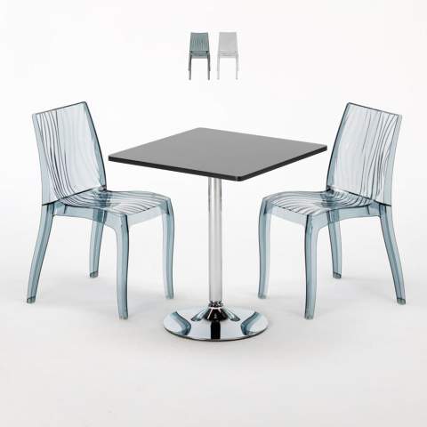 Vierkante salontafel zwart 70x70 cm met stalen onderstel en 2 transparante stoelen Dune Platinum Aanbieding