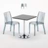 Vierkante salontafel zwart 70x70 cm met stalen onderstel en 2 transparante stoelen Dune Platinum Aanbieding