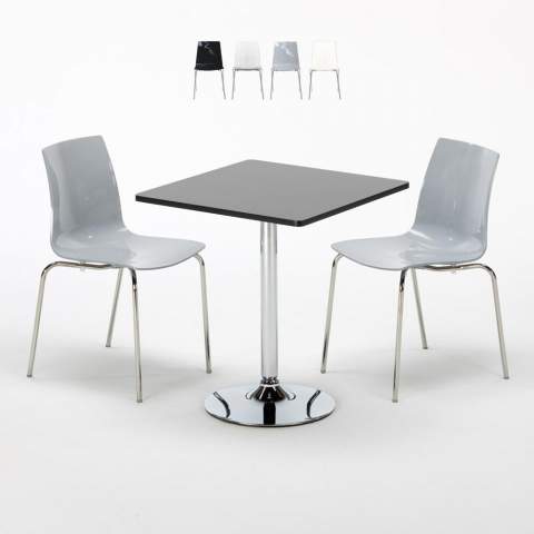 Vierkante salontafel zwart 70x70 cm met stalen onderstel en 2 gekleurde stoelen Lollipop Platinum