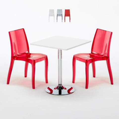 Vierkante salontafel wit 70x70 cm met stalen onderstel en 2 transparante stoelen Cristal Light Titanium