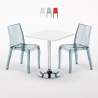 Vierkante salontafel wit 70x70 cm met stalen onderstel en 2 transparante stoelen Cristal Light Titanium Aanbod