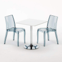 Vierkante salontafel wit 70x70 cm met stalen onderstel en 2 transparante stoelen Cristal Light Titanium Afmetingen