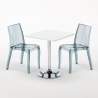 Vierkante salontafel wit 70x70 cm met stalen onderstel en 2 transparante stoelen Cristal Light Titanium Afmetingen
