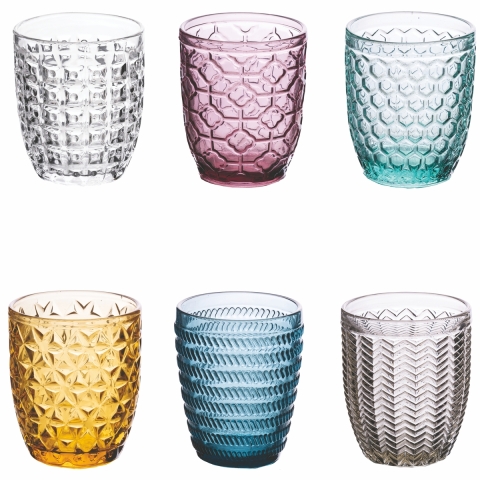 Set van 6 glazen water 350ml met bewerkte Geometrie oppervlak Etichetta. Aanbieding