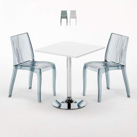 Vierkante salontafel wit 70x70 cm met stalen onderstel en 2 transparante stoelen Dune Titanium
