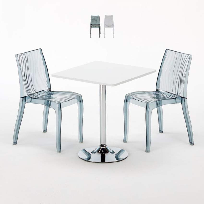 Vierkante salontafel wit 70x70 cm met stalen onderstel en 2 transparante stoelen Dune Titanium Aanbieding