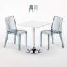 Vierkante salontafel wit 70x70 cm met stalen onderstel en 2 transparante stoelen Dune Titanium Aanbieding