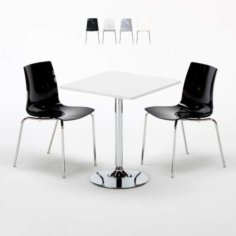 Vierkante salontafel wit 70x70 cm met stalen onderstel en 2 gekleurde stoelen Lollipop Titanium Aanbieding