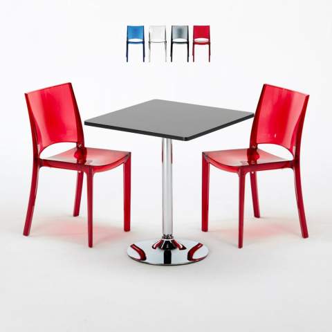 Vierkante salontafel zwart 70x70 cm met stalen onderstel en 2 transparante stoelen B-Side Phantom Aanbieding
