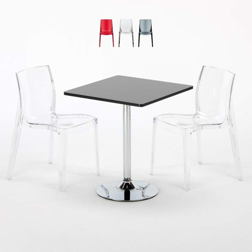 Vierkante salontafel zwart 70x70 cm met stalen onderstel en 2 transparante stoelen Femme Fatale Phantom Verkoop Vierkante salontafel zwart 70x70 cm met stalen onderstel en 2 transparante stoelen Femme Fatale Phantom Verkoop