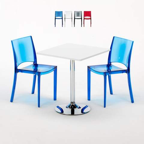 Vierkante salontafel wit 70x70 cm met stalen onderstel en 2 transparante stoelen B-Side Demon