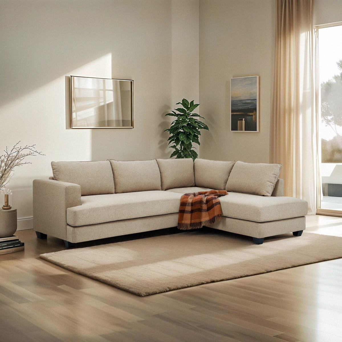 3-zits design hoekbank met chaise longue in beige stof Avior Aanbieding 3-zits design hoekbank met chaise longue in beige stof Avior Aanbieding