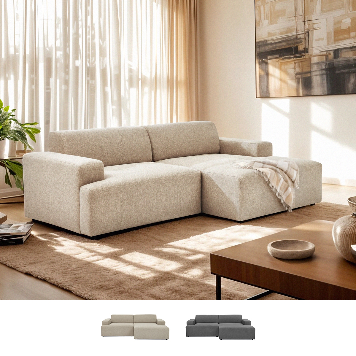 Modern design stoffen 3-zitsbank met chaise longue rechts Toliman Aanbieding