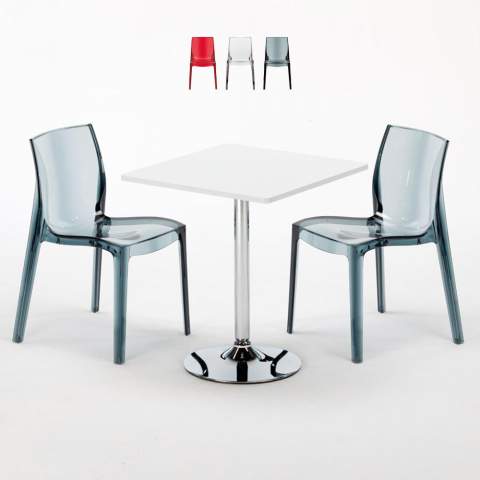 Vierkante salontafel wit 70x70 cm met stalen onderstel en 2 transparante stoelen Femme Fatale Demon Aanbieding
