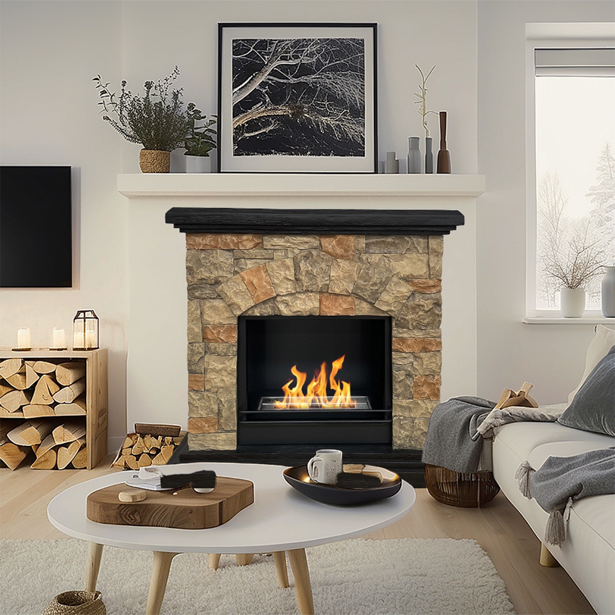 Bio-ethanol vloerhaard met steenlook L105xP38xH100 Belluno