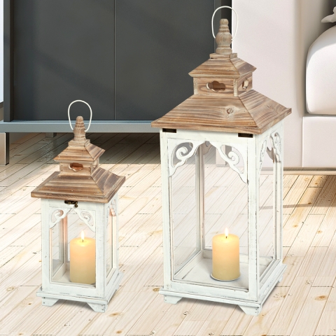 Set van 2 shabby chic witte houten lantaarns met kandelaars Copenaghen Aanbieding