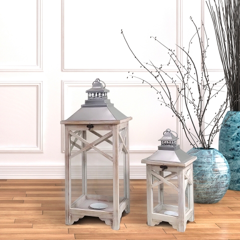 Set van 2 grijze houten shabby chic lantaarns Kediri Aanbieding