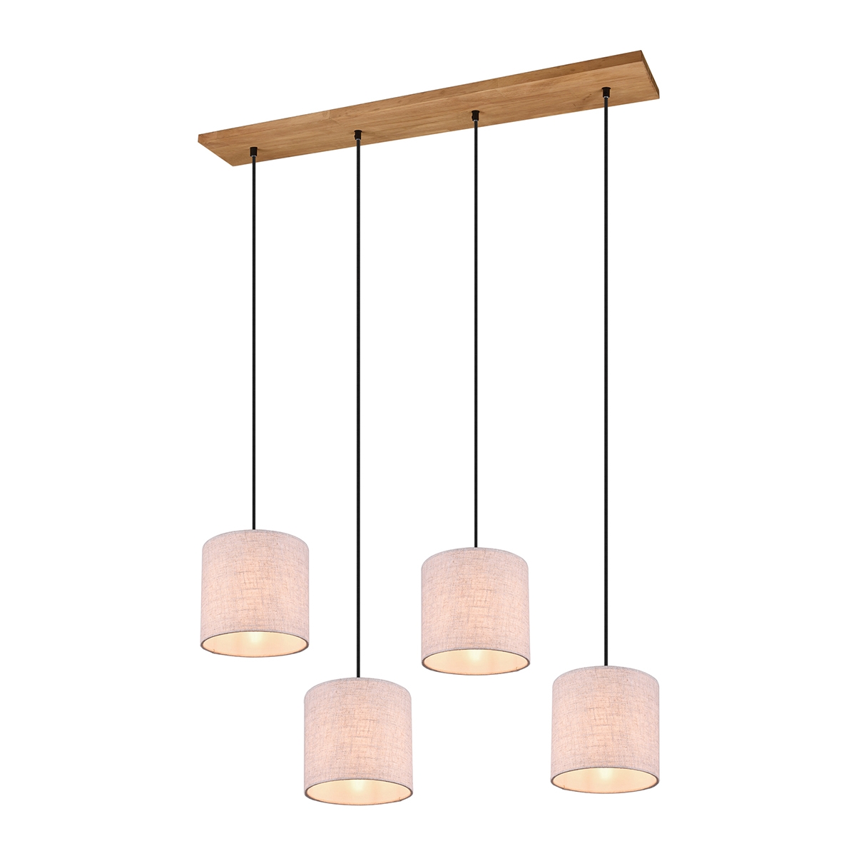 Houten hanglamp met 4 stoffen lampenkappen Shvid Aanbieding Houten hanglamp met 4 stoffen lampenkappen Shvid Aanbieding