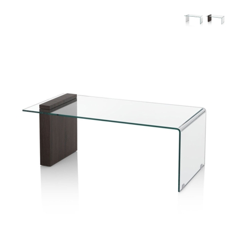 Salontafel in gebogen glas en hout 110x55x42 cm Feng S Aanbieding
