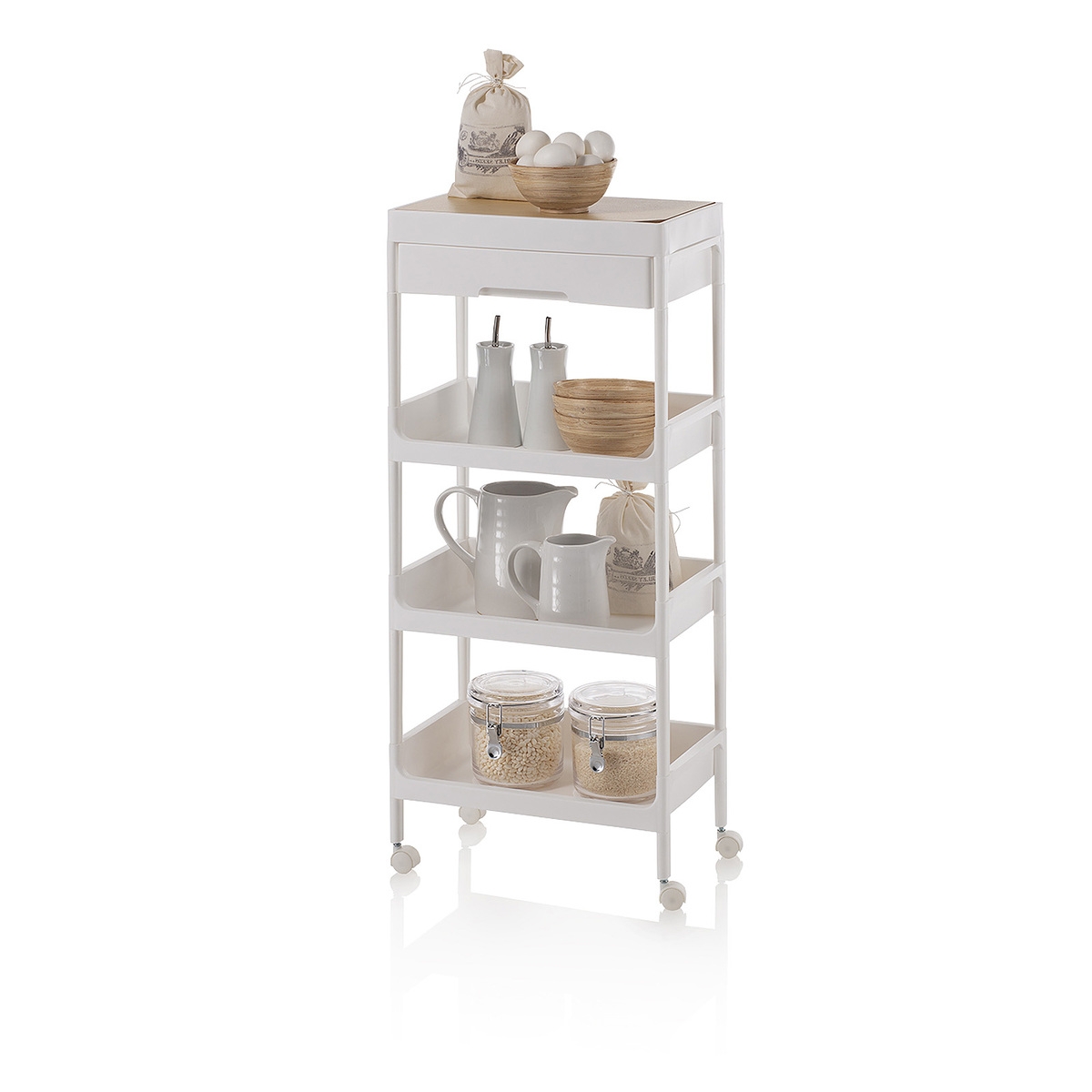 Multifunctionele trolley met 4 planken, lade en wielen Lando C Aanbieding