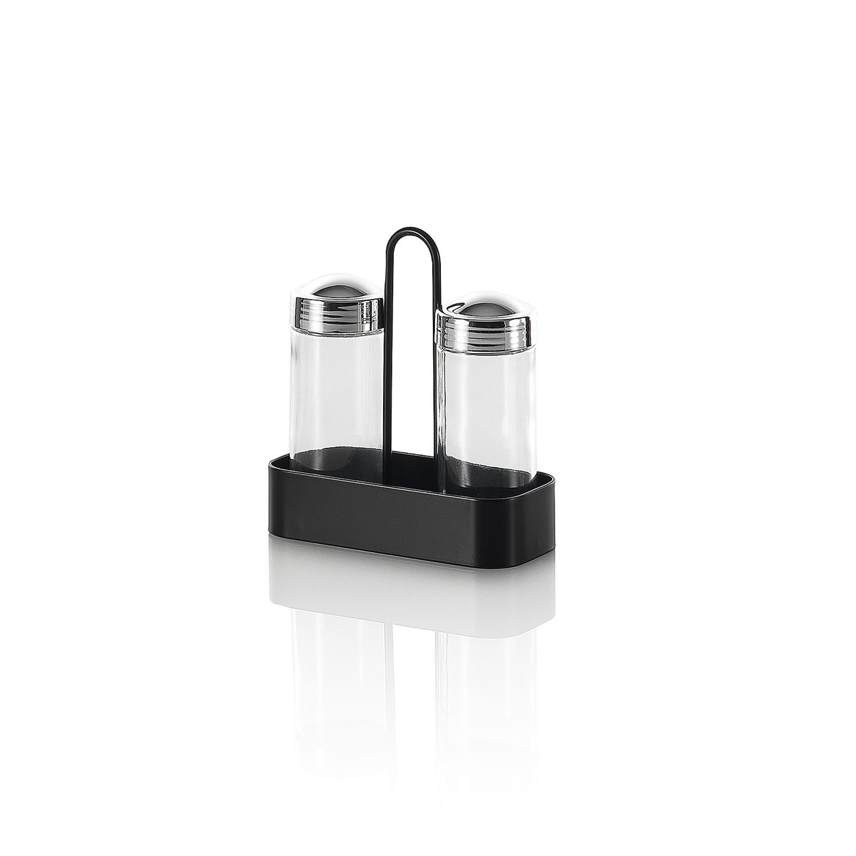 Zout- en Pepermolenset met Glazen Potjes en Metalen Onderstel Salz Aanbieding Zout- en Pepermolenset met Glazen Potjes en Metalen Onderstel Salz Aanbieding