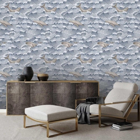 Behang met zee-design voor woon- en slaapkamer Golven en Walvissen Aanbieding