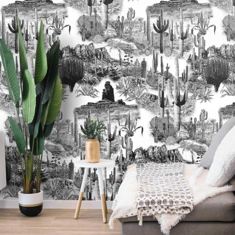 Zelfklevend modern zwart-wit behang voor woonkamer Cactus Aanbieding