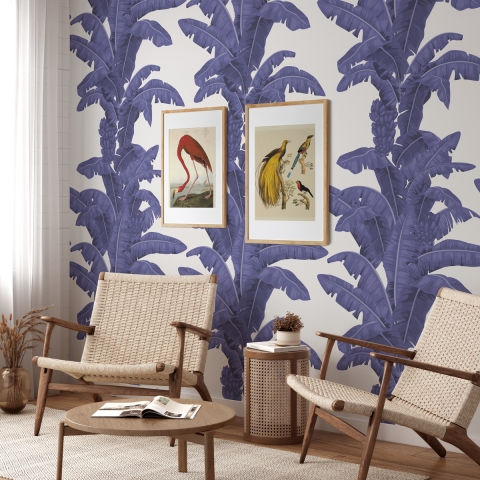 Behang voor slaapkamer en woonkamer met bloemmotief, witte en blauwe palmen Aanbieding