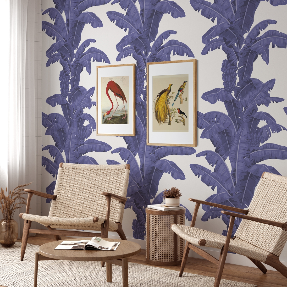 Behang voor slaapkamer en woonkamer met bloemmotief, witte en blauwe palmen Aanbieding Behang voor slaapkamer en woonkamer met bloemmotief, witte en blauwe palmen Aanbieding