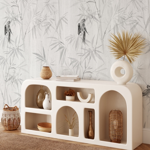 Behang voor woonkamer en keuken grijze Japanse bos Japandi Aanbieding