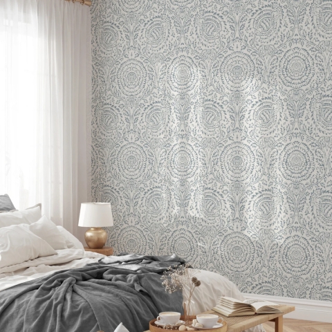 Wit en blauw damast behang voor woonkamer en slaapkamer Chic Aanbieding