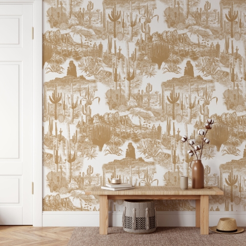 Beige zelfklevend bloemenbehang voor woonkamer Cactus nel Deserto Aanbieding