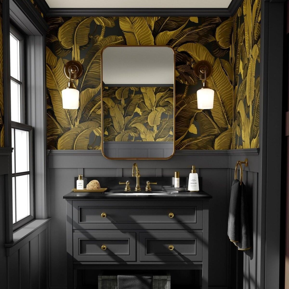 Gouden bloemen behang voor badkamer en slaapkamer Banaanstuik bladeren Aanbieding